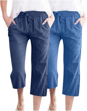 2025 2PC Women's Linen Capri Pants - Solid Drawstring Waist Wide Leg Casual Cropped Trousers with Pockets, Loose Fit