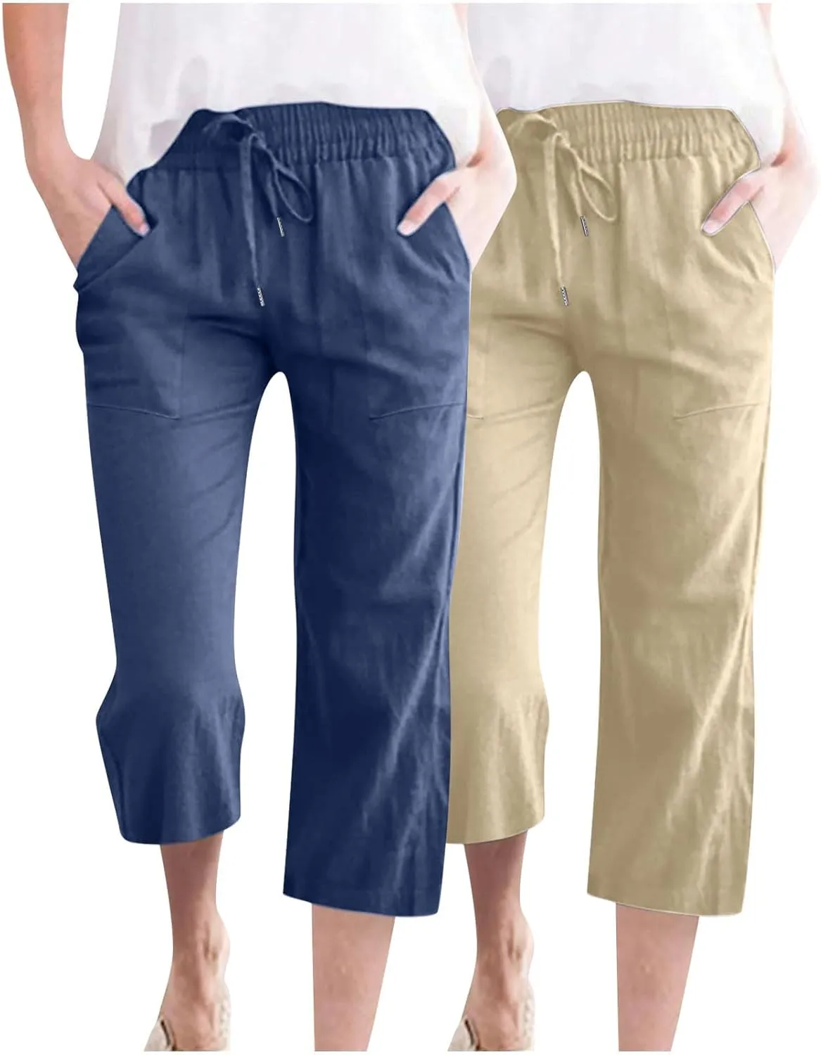 2025 2PC Women's Linen Capri Pants - Solid Drawstring Waist Wide Leg Casual Cropped Trousers with Pockets, Loose Fit