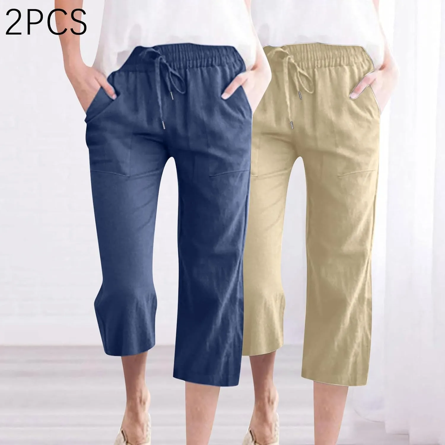 2025 2PC Women's Linen Capri Pants - Solid Drawstring Waist Wide Leg Casual Cropped Trousers with Pockets, Loose Fit