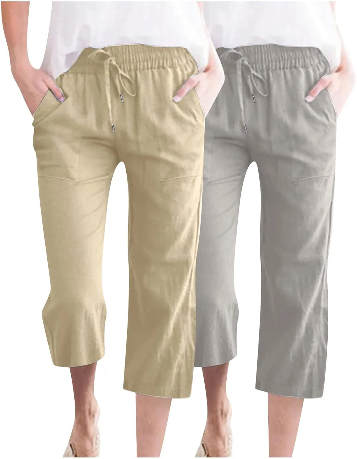 2025 2PC Women's Linen Capri Pants - Solid Drawstring Waist Wide Leg Casual Cropped Trousers with Pockets, Loose Fit