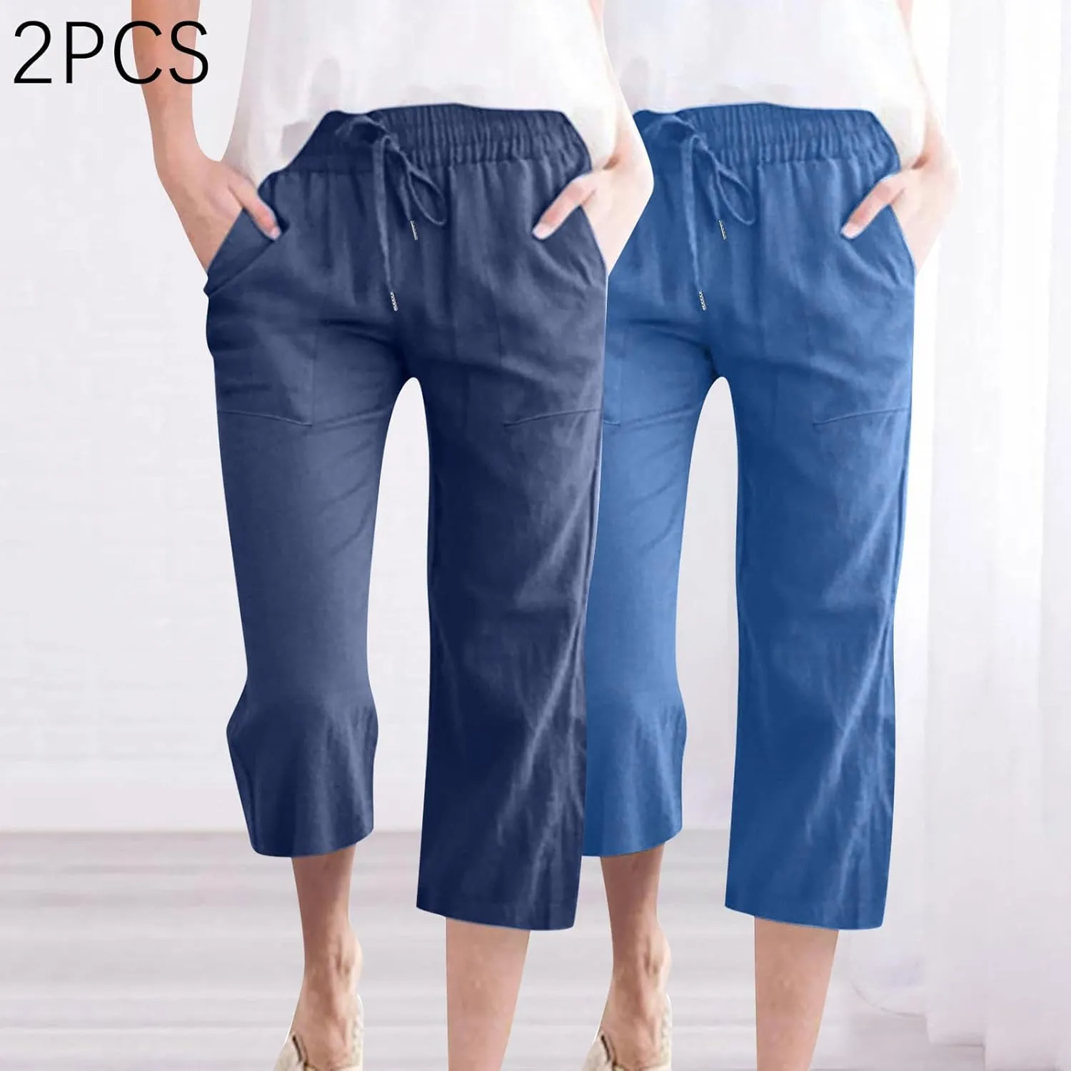 2025 2PC Women's Linen Capri Pants - Solid Drawstring Waist Wide Leg Casual Cropped Trousers with Pockets, Loose Fit