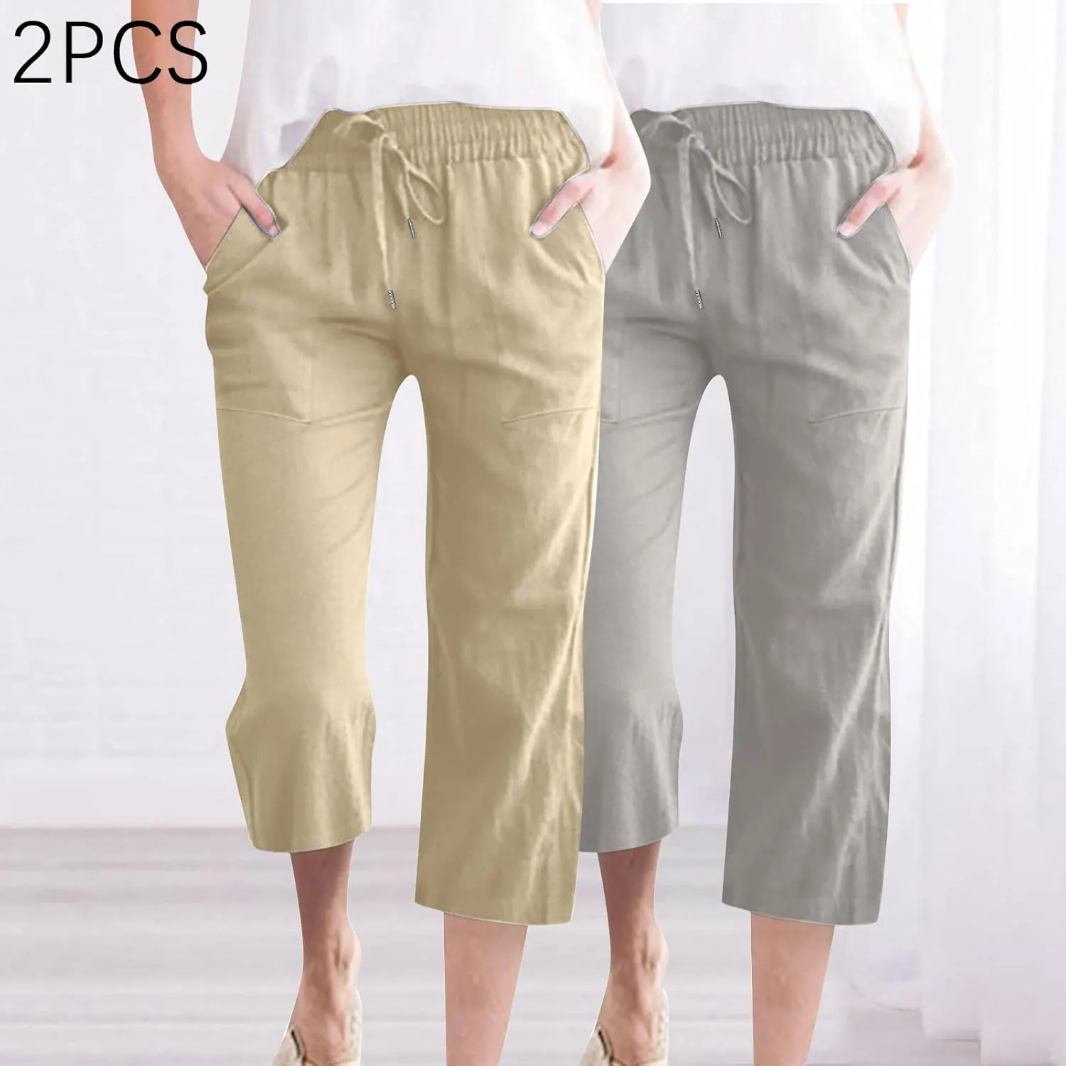 2025 2PC Women's Linen Capri Pants - Solid Drawstring Waist Wide Leg Casual Cropped Trousers with Pockets, Loose Fit