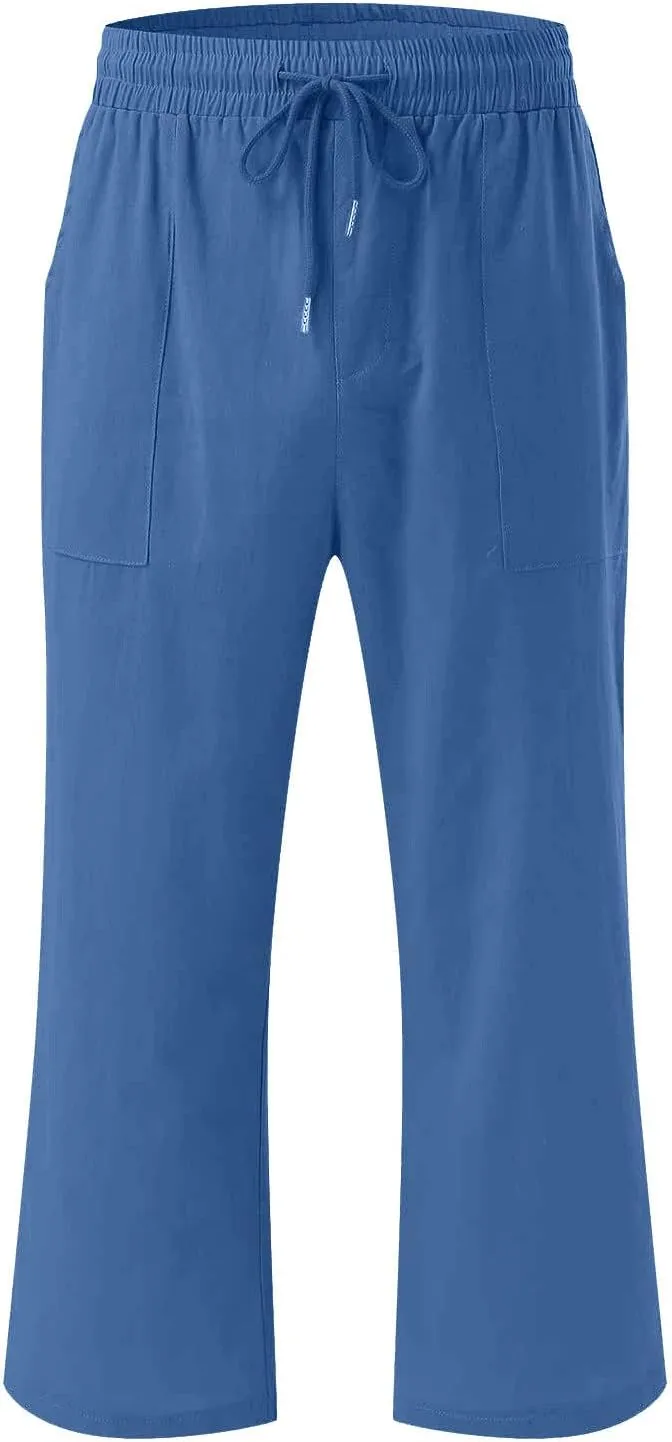 2025 2PC Women's Linen Capri Pants - Solid Drawstring Waist Wide Leg Casual Cropped Trousers with Pockets, Loose Fit
