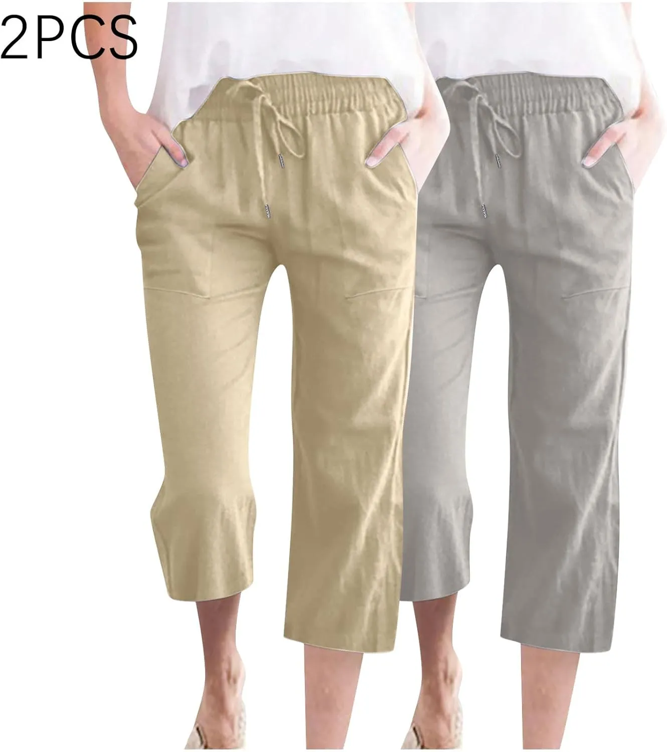 2025 2PC Women's Linen Capri Pants - Solid Drawstring Waist Wide Leg Casual Cropped Trousers with Pockets, Loose Fit