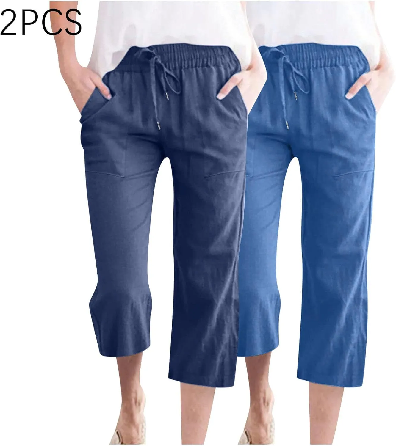 2025 2PC Women's Linen Capri Pants - Solid Drawstring Waist Wide Leg Casual Cropped Trousers with Pockets, Loose Fit