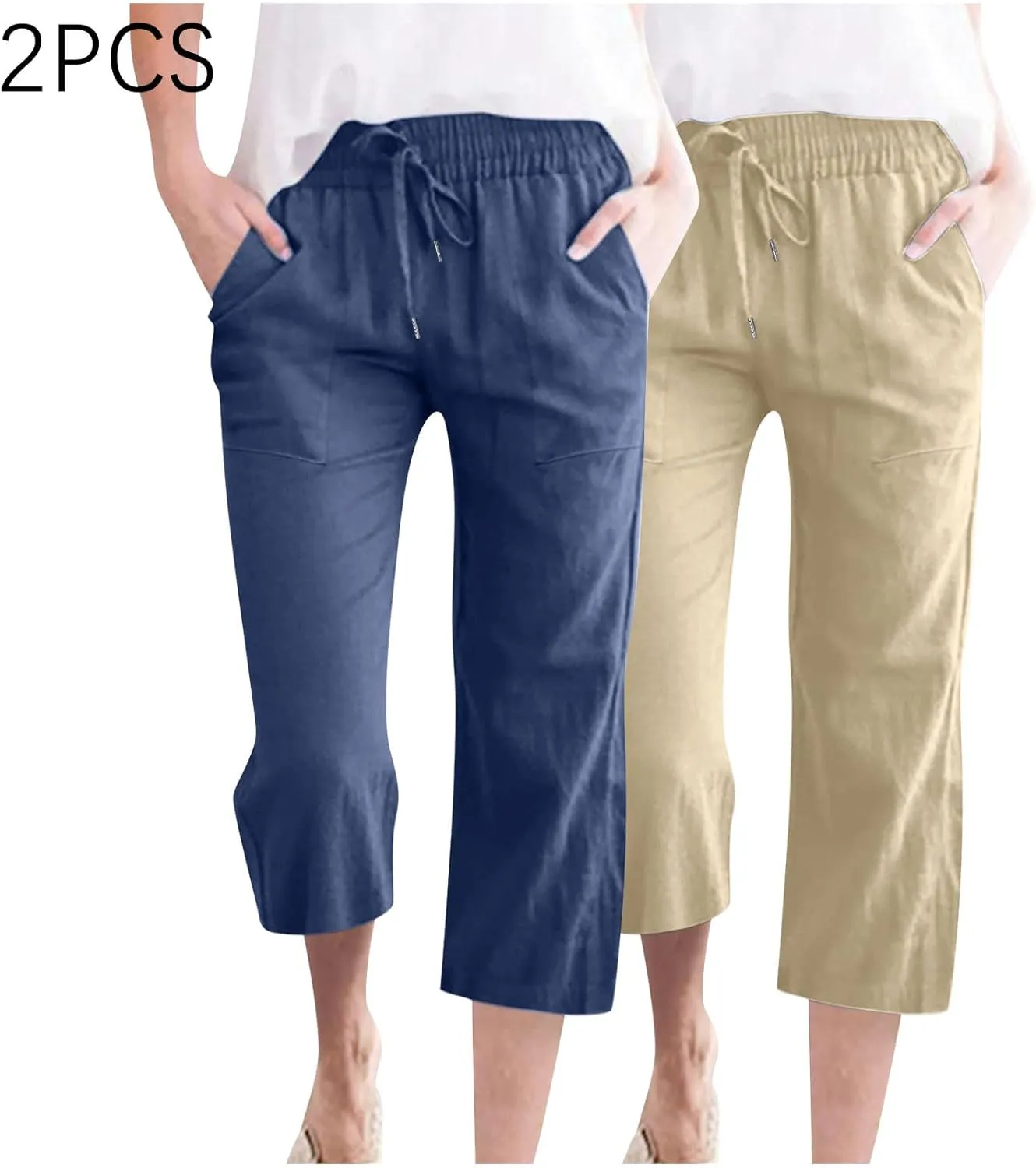 2025 2PC Women's Linen Capri Pants - Solid Drawstring Waist Wide Leg Casual Cropped Trousers with Pockets, Loose Fit