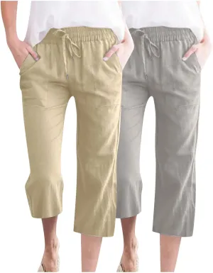 2025 2PC Women's Linen Capri Pants - Solid Drawstring Waist Wide Leg Casual Cropped Trousers with Pockets, Loose Fit