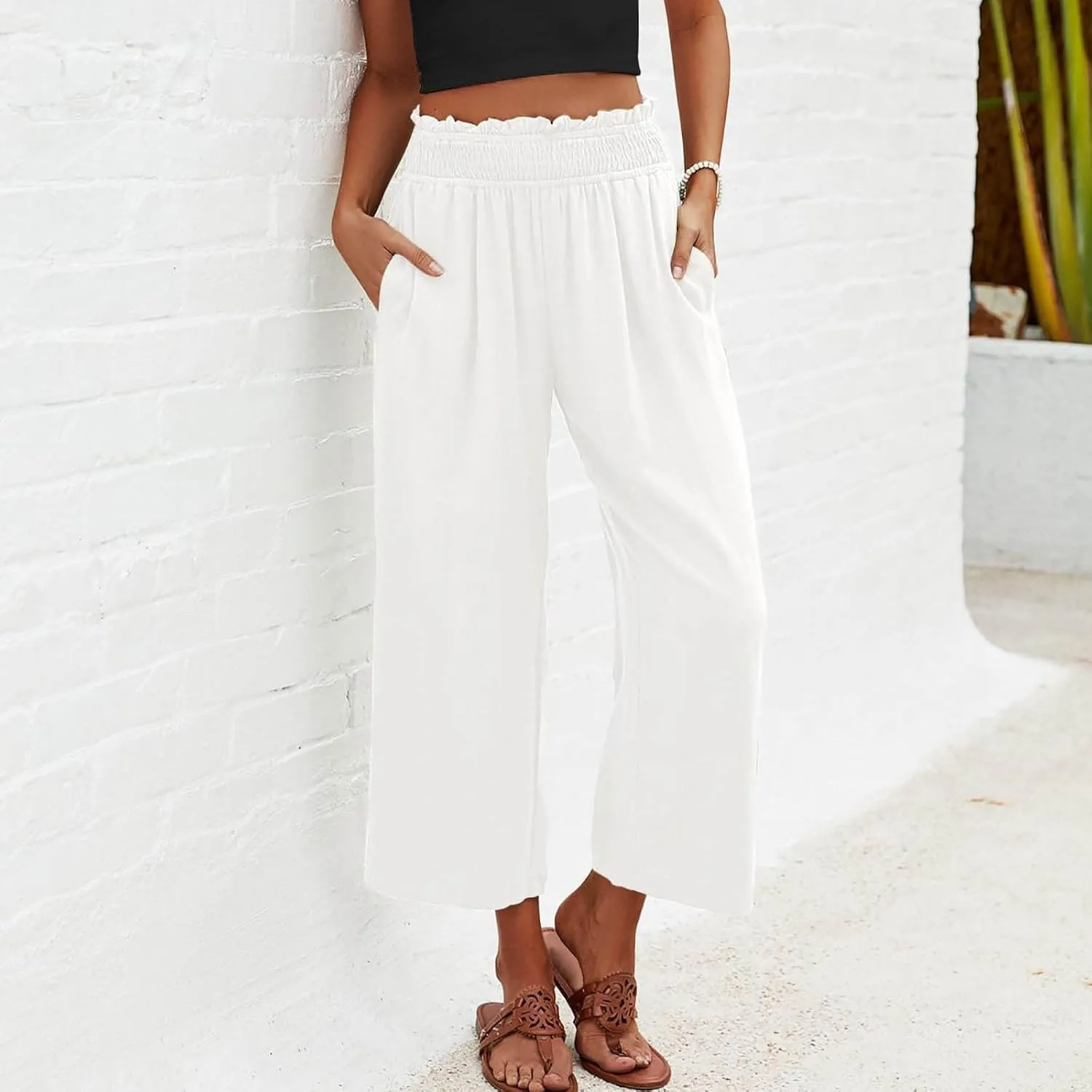 2025 Solid Linen Capri Pants for Womens - Elastic Waist Wide Straight Leg Casual Trousers with Pockets, Loose Fit