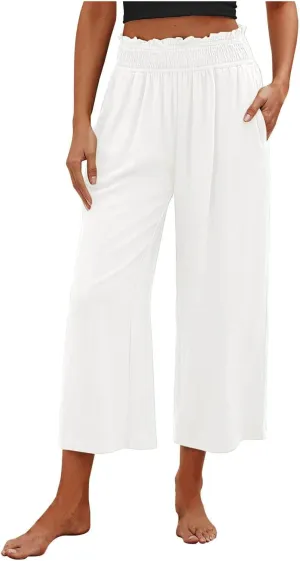 2025 Solid Linen Capri Pants for Womens - Elastic Waist Wide Straight Leg Casual Trousers with Pockets, Loose Fit