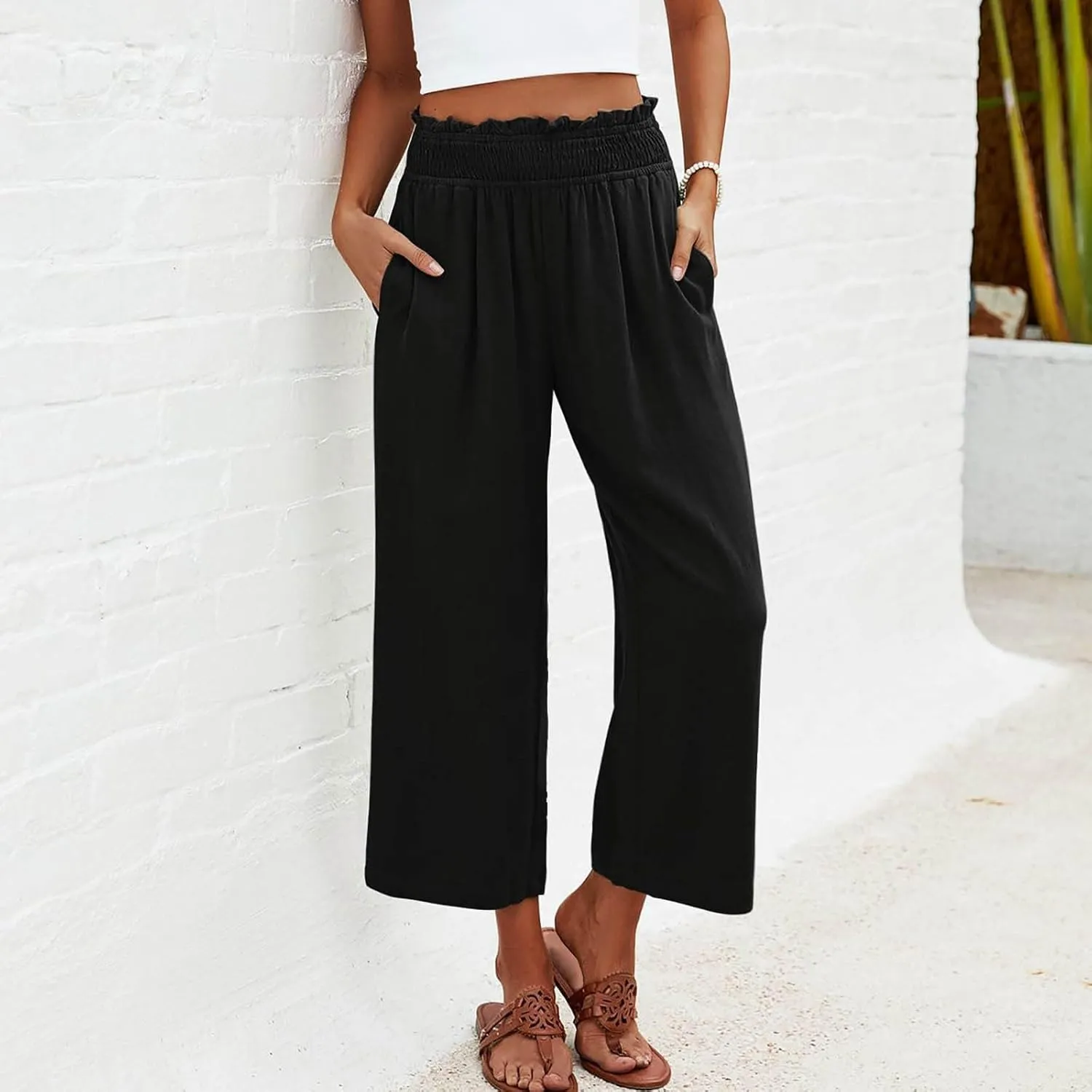 2025 Solid Linen Capri Pants for Womens - Elastic Waist Wide Straight Leg Casual Trousers with Pockets, Loose Fit