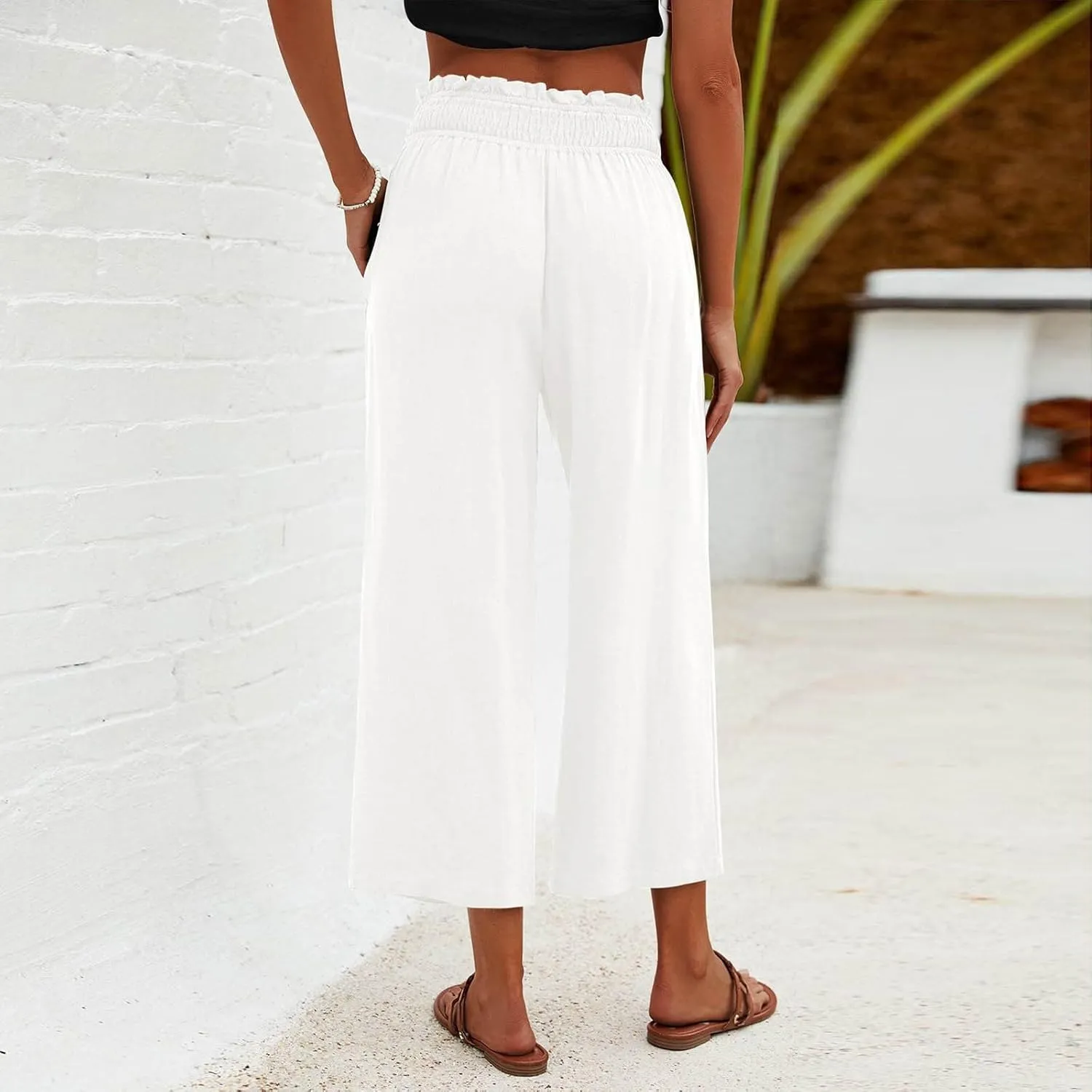 2025 Solid Linen Capri Pants for Womens - Elastic Waist Wide Straight Leg Casual Trousers with Pockets, Loose Fit