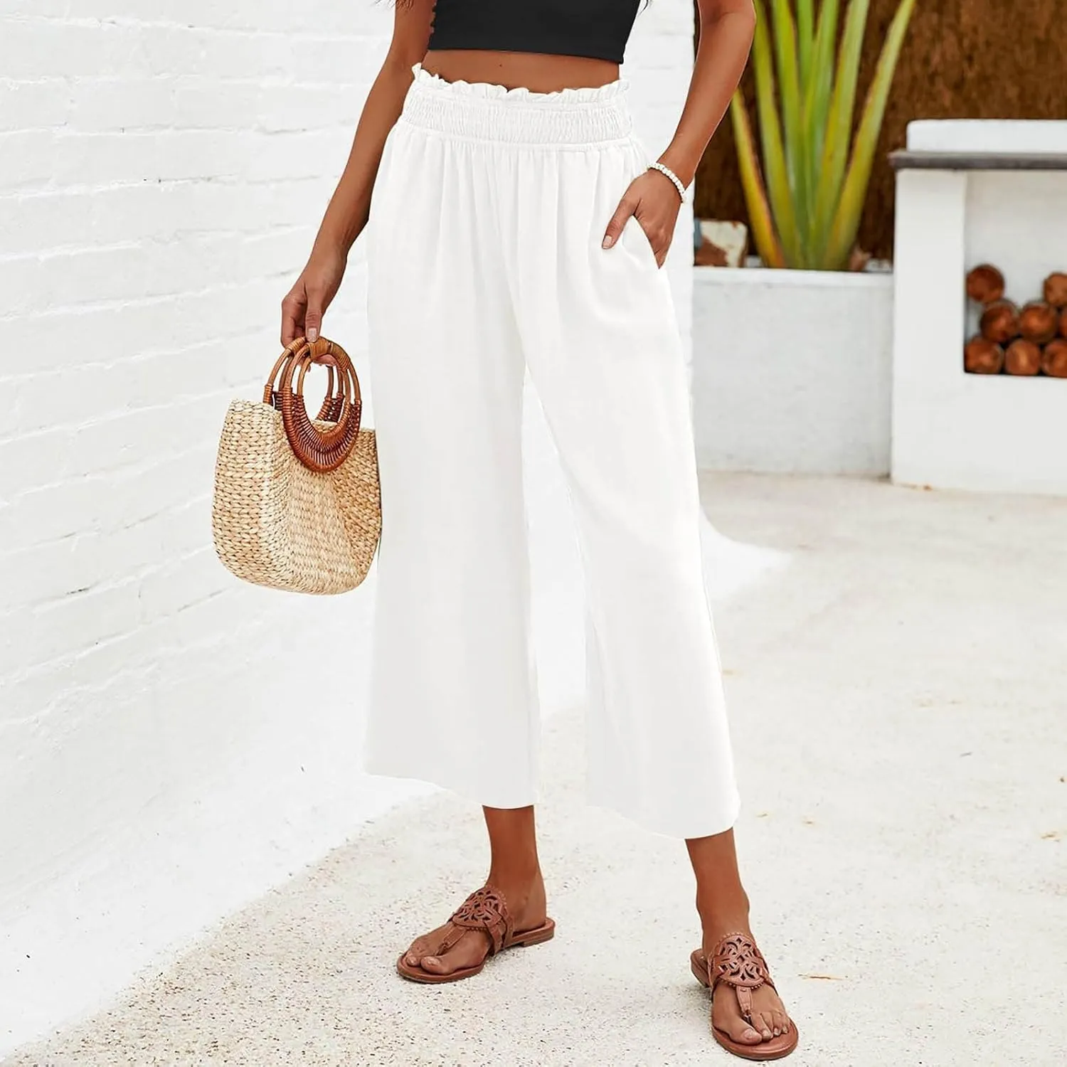 2025 Solid Linen Capri Pants for Womens - Elastic Waist Wide Straight Leg Casual Trousers with Pockets, Loose Fit