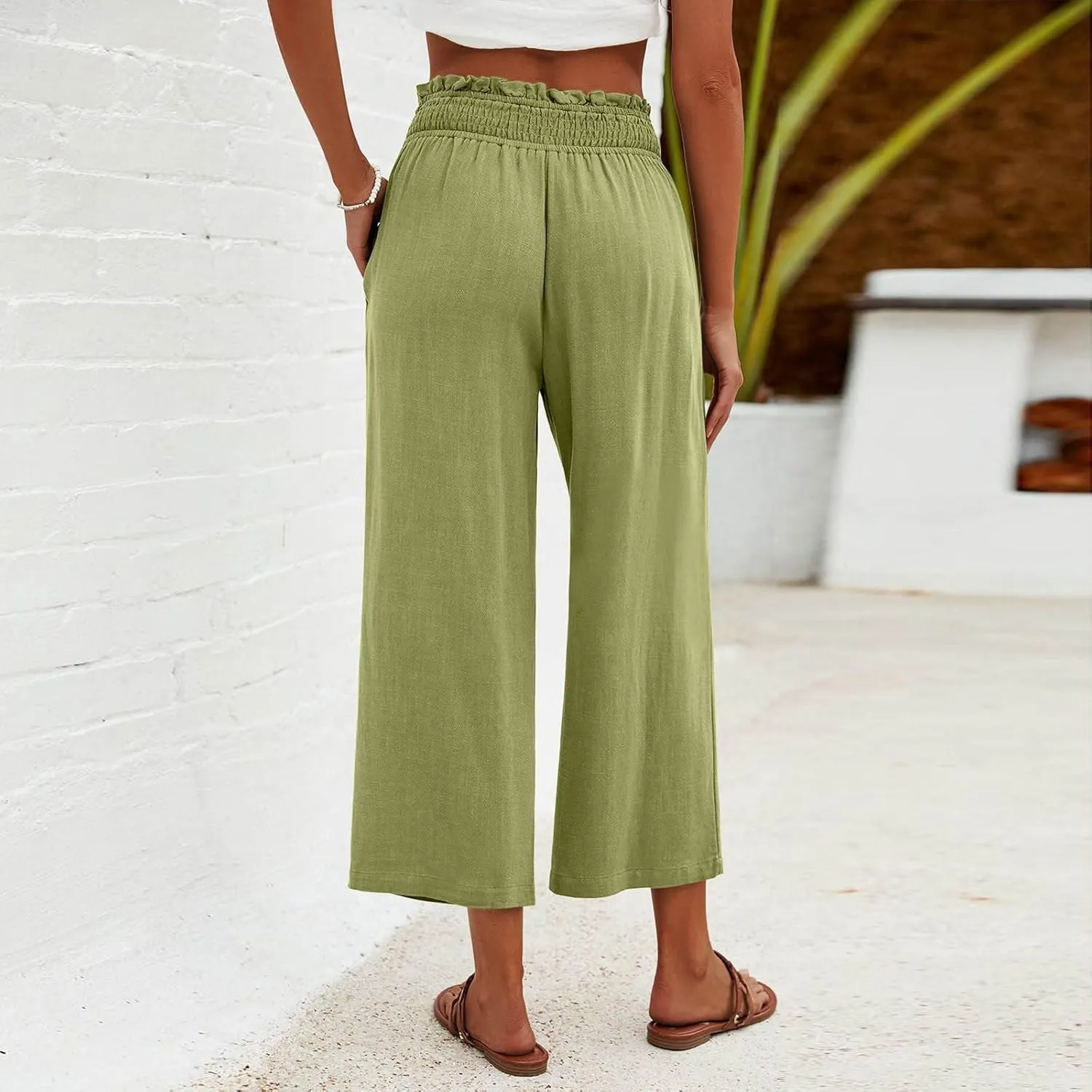 2025 Solid Linen Capri Pants for Womens - Elastic Waist Wide Straight Leg Casual Trousers with Pockets, Loose Fit