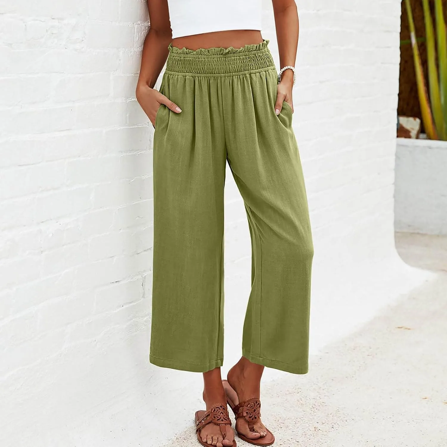 2025 Solid Linen Capri Pants for Womens - Elastic Waist Wide Straight Leg Casual Trousers with Pockets, Loose Fit