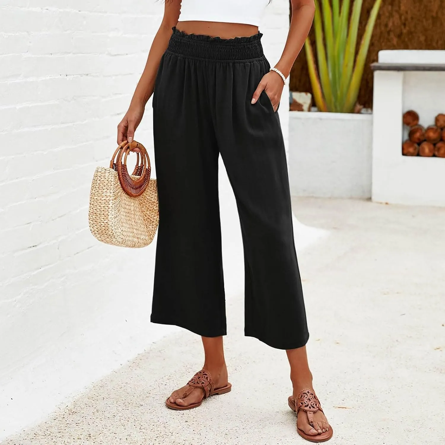 2025 Solid Linen Capri Pants for Womens - Elastic Waist Wide Straight Leg Casual Trousers with Pockets, Loose Fit