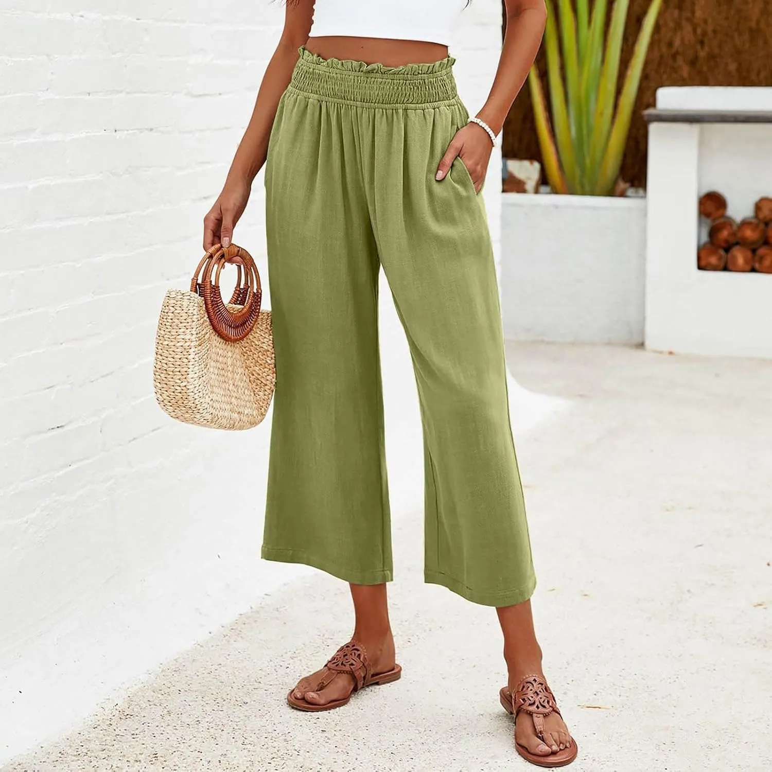 2025 Solid Linen Capri Pants for Womens - Elastic Waist Wide Straight Leg Casual Trousers with Pockets, Loose Fit