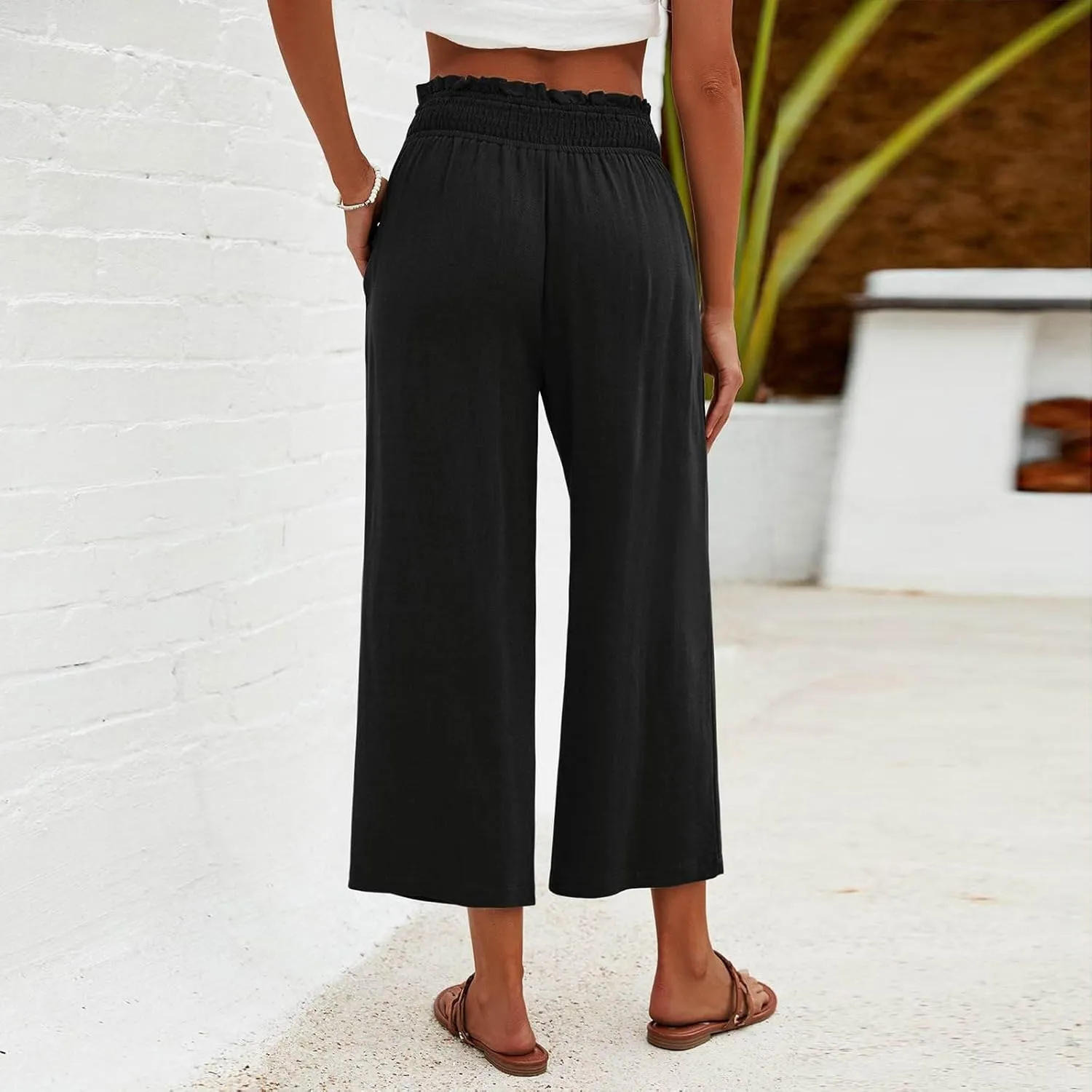 2025 Solid Linen Capri Pants for Womens - Elastic Waist Wide Straight Leg Casual Trousers with Pockets, Loose Fit