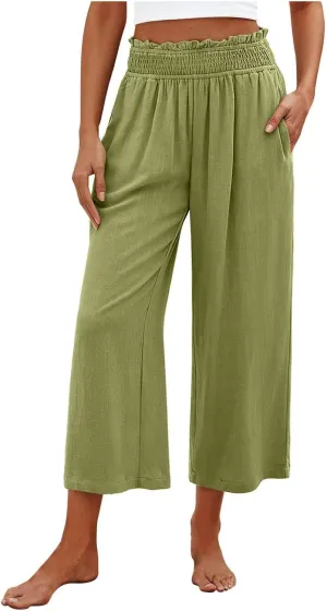 2025 Solid Linen Capri Pants for Womens - Elastic Waist Wide Straight Leg Casual Trousers with Pockets, Loose Fit