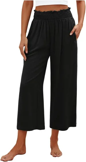 2025 Solid Linen Capri Pants for Womens - Elastic Waist Wide Straight Leg Casual Trousers with Pockets, Loose Fit