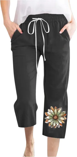 2025 Women's Cotton Linen Elastic Waist Drawstring Pants with Pockets - Printed Capri Pants, Casual Summer Trousers