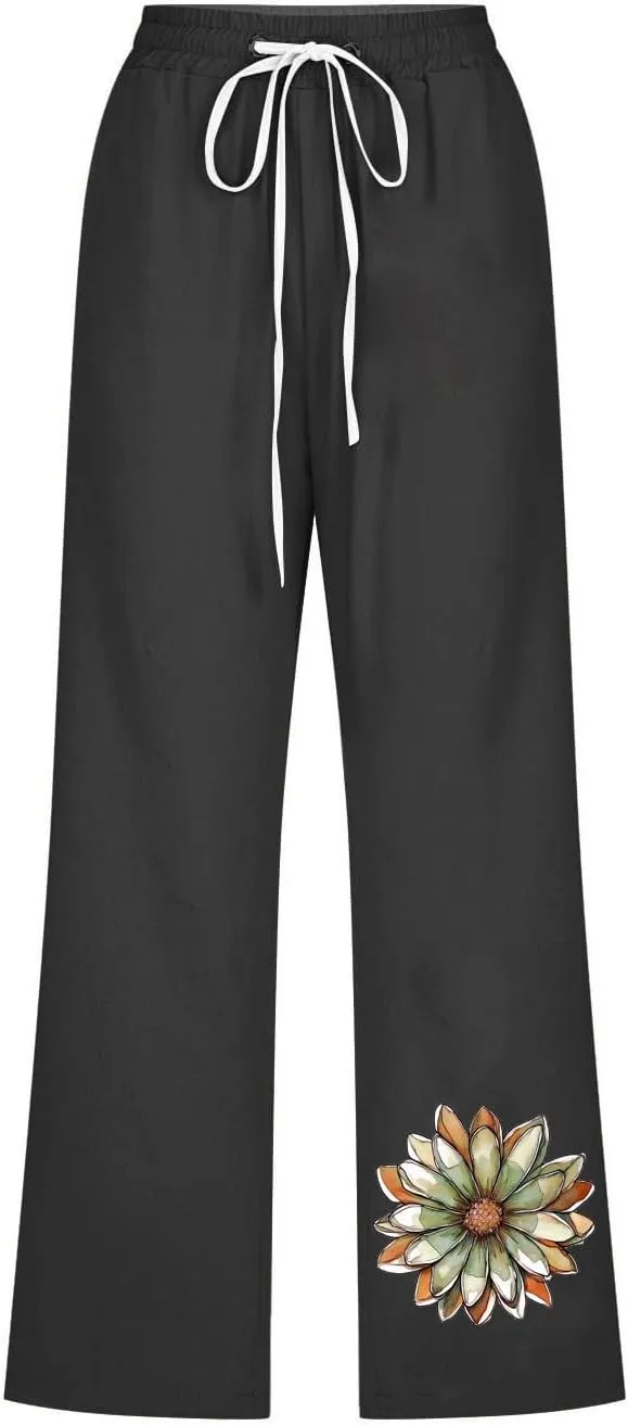 2025 Women's Cotton Linen Elastic Waist Drawstring Pants with Pockets - Printed Capri Pants, Casual Summer Trousers