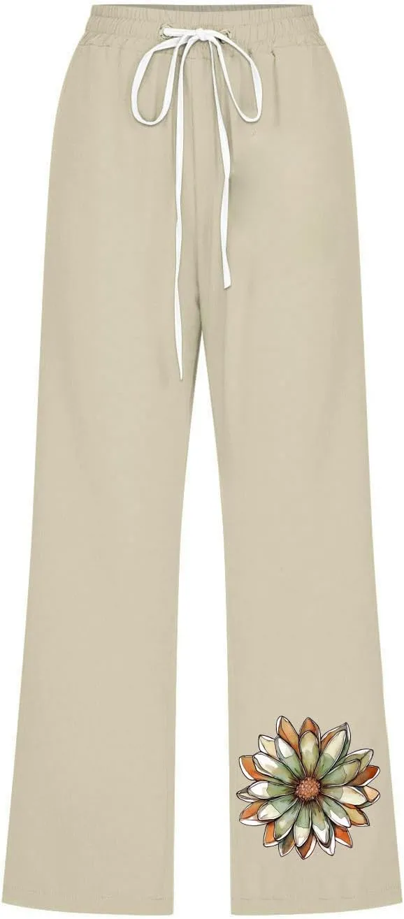 2025 Women's Cotton Linen Elastic Waist Drawstring Pants with Pockets - Printed Capri Pants, Casual Summer Trousers