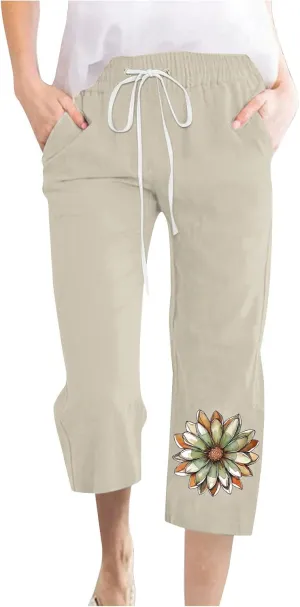 2025 Women's Cotton Linen Elastic Waist Drawstring Pants with Pockets - Printed Capri Pants, Casual Summer Trousers
