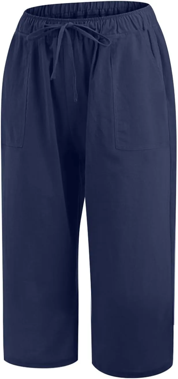 2025 Women's Pure Color Linen Capri Pants - Elastic Waist Casual Trousers with Pockets, Trendy Summer Cropped Pants