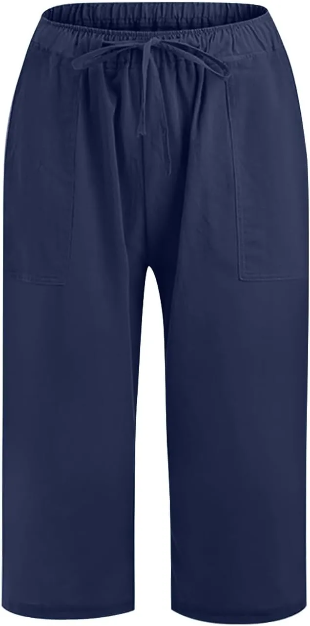 2025 Women's Pure Color Linen Capri Pants - Elastic Waist Casual Trousers with Pockets, Trendy Summer Cropped Pants