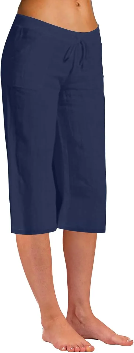 2025 Women's Pure Color Linen Capri Pants - Elastic Waist Casual Trousers with Pockets, Trendy Summer Cropped Pants