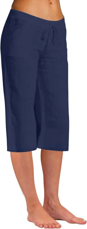 2025 Women's Pure Color Linen Capri Pants - Elastic Waist Casual Trousers with Pockets, Trendy Summer Cropped Pants