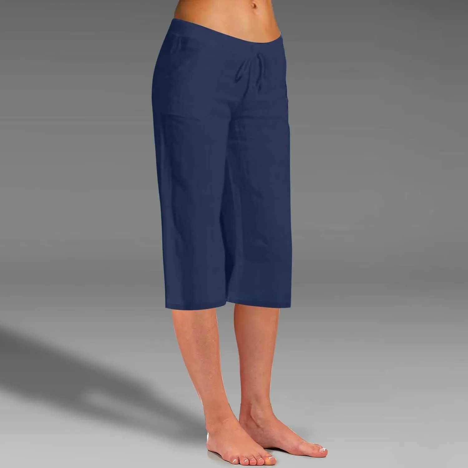 2025 Women's Pure Color Linen Capri Pants - Elastic Waist Casual Trousers with Pockets, Trendy Summer Cropped Pants