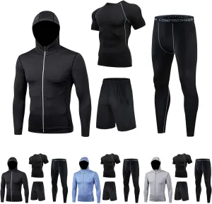 4Pcs Mens Running Set Fitness Compression Underwear Sets Hooded Outwear Base Layers Shirts Shorts Pants Quick Dry Activewear