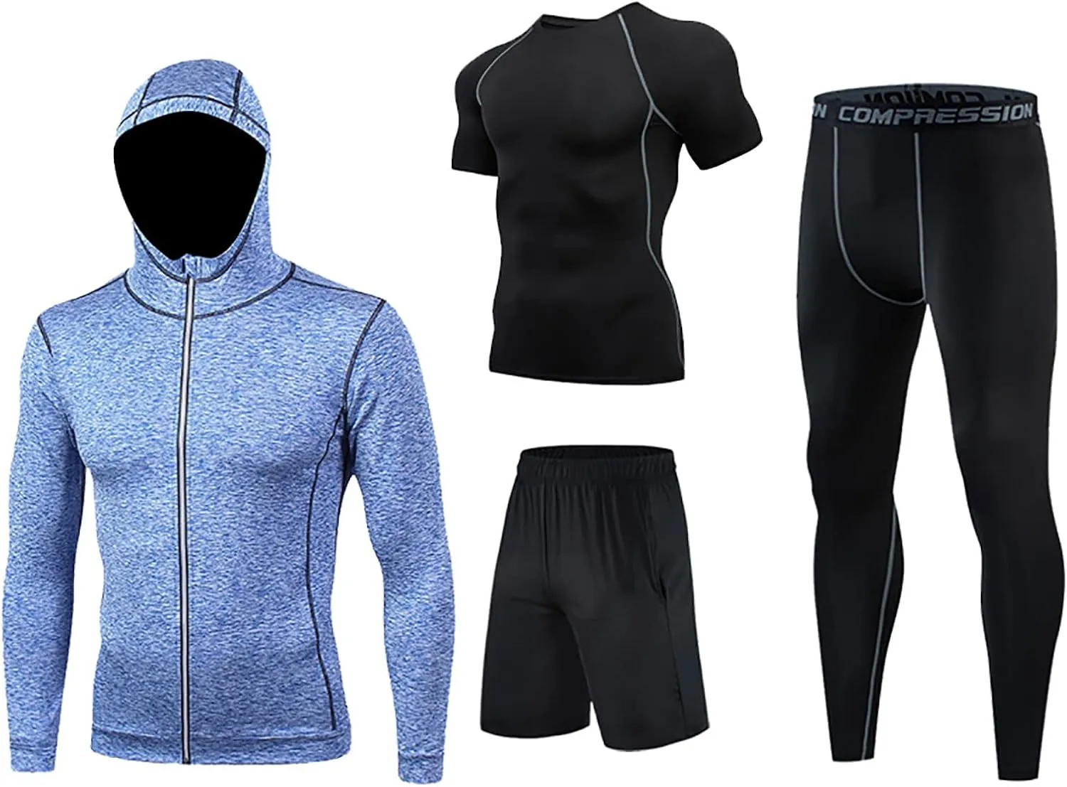 4Pcs Mens Running Set Fitness Compression Underwear Sets Hooded Outwear Base Layers Shirts Shorts Pants Quick Dry Activewear