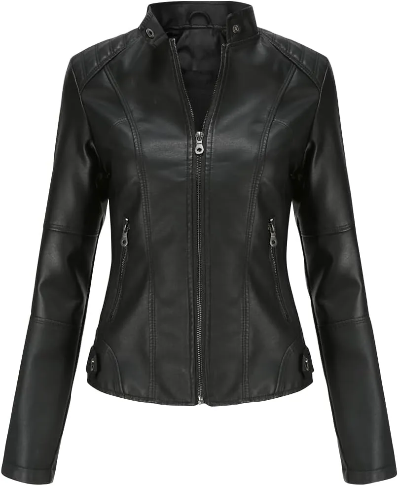ACE SHOCK Womens Faux Leather Jackets Zip Up Motocycle Short PU Moto Biker Outwear Slim Fitted Coat