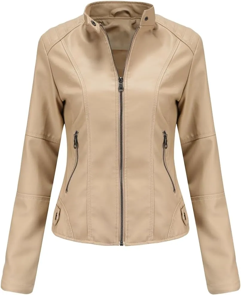 ACE SHOCK Womens Faux Leather Jackets Zip Up Motocycle Short PU Moto Biker Outwear Slim Fitted Coat