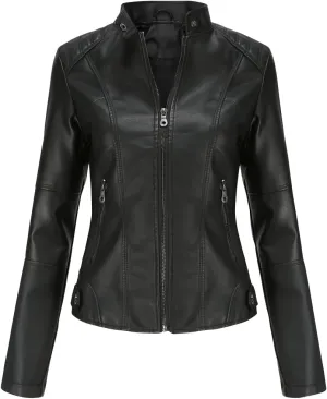ACE SHOCK Womens Faux Leather Jackets Zip Up Motocycle Short PU Moto Biker Outwear Slim Fitted Coat