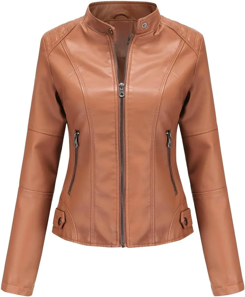 ACE SHOCK Womens Faux Leather Jackets Zip Up Motocycle Short PU Moto Biker Outwear Slim Fitted Coat