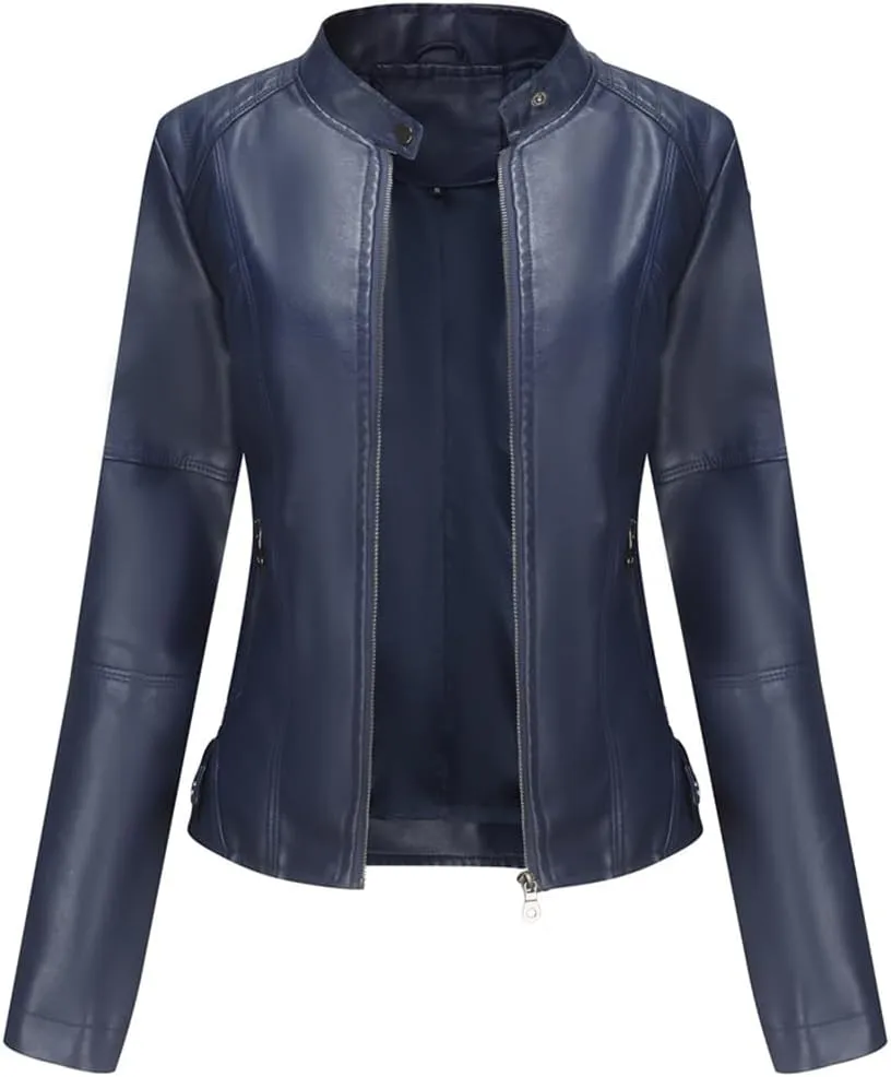 ACE SHOCK Womens Faux Leather Jackets Zip Up Motocycle Short PU Moto Biker Outwear Slim Fitted Coat