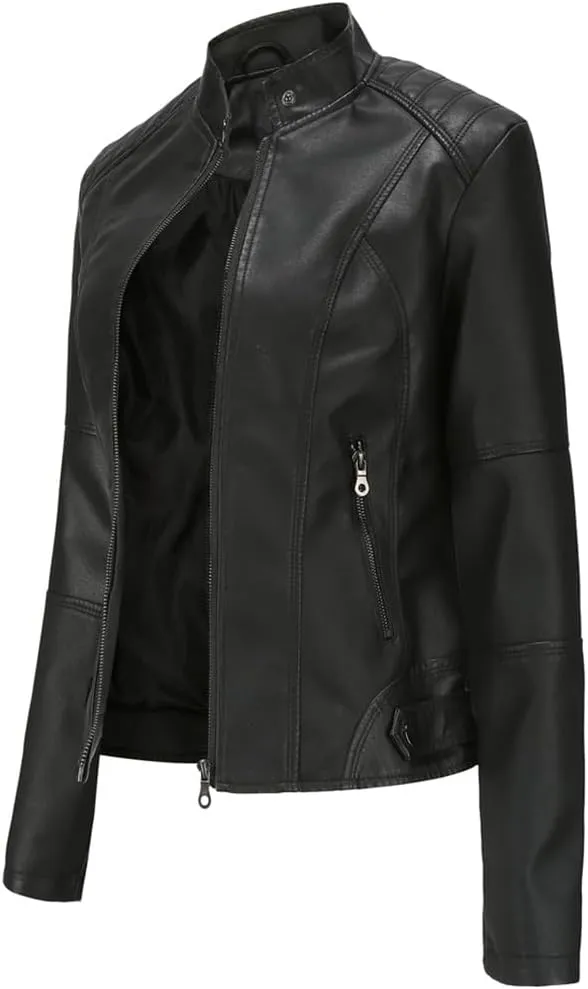 ACE SHOCK Womens Faux Leather Jackets Zip Up Motocycle Short PU Moto Biker Outwear Slim Fitted Coat
