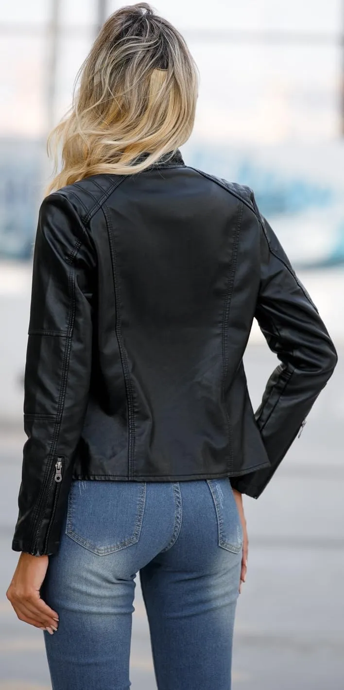 ACE SHOCK Womens Faux Leather Jackets Zip Up Motocycle Short PU Moto Biker Outwear Slim Fitted Coat