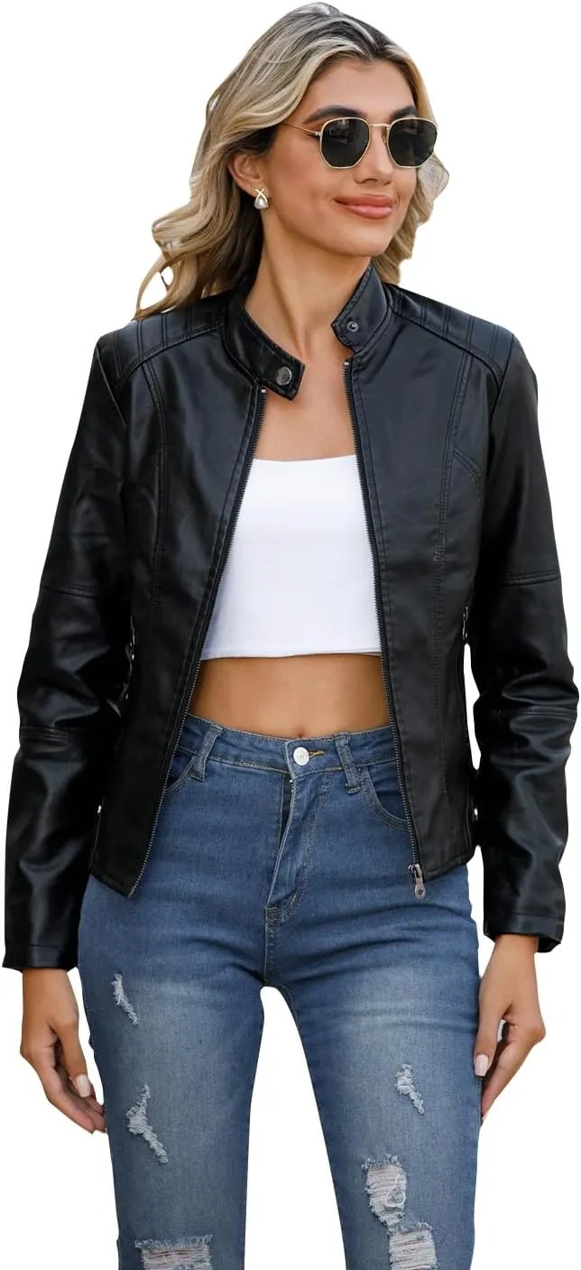 ACE SHOCK Womens Faux Leather Jackets Zip Up Motocycle Short PU Moto Biker Outwear Slim Fitted Coat