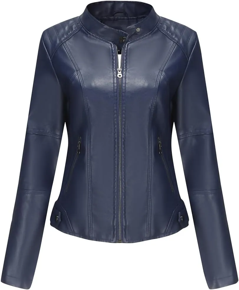 ACE SHOCK Womens Faux Leather Jackets Zip Up Motocycle Short PU Moto Biker Outwear Slim Fitted Coat