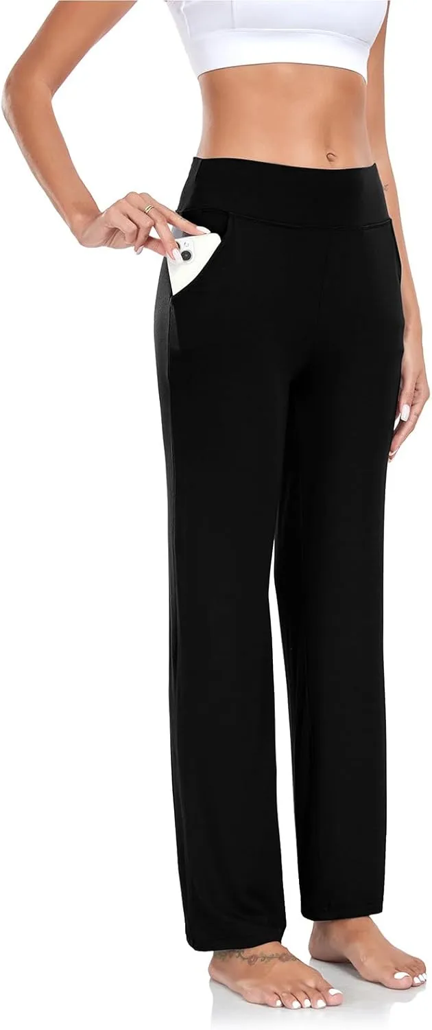 ADANIKI Womens Yoga Pants with Pockets, High Waisted Bootcut Straight-Leg Pants for Women, Loose Comfy Modal Sweatpants