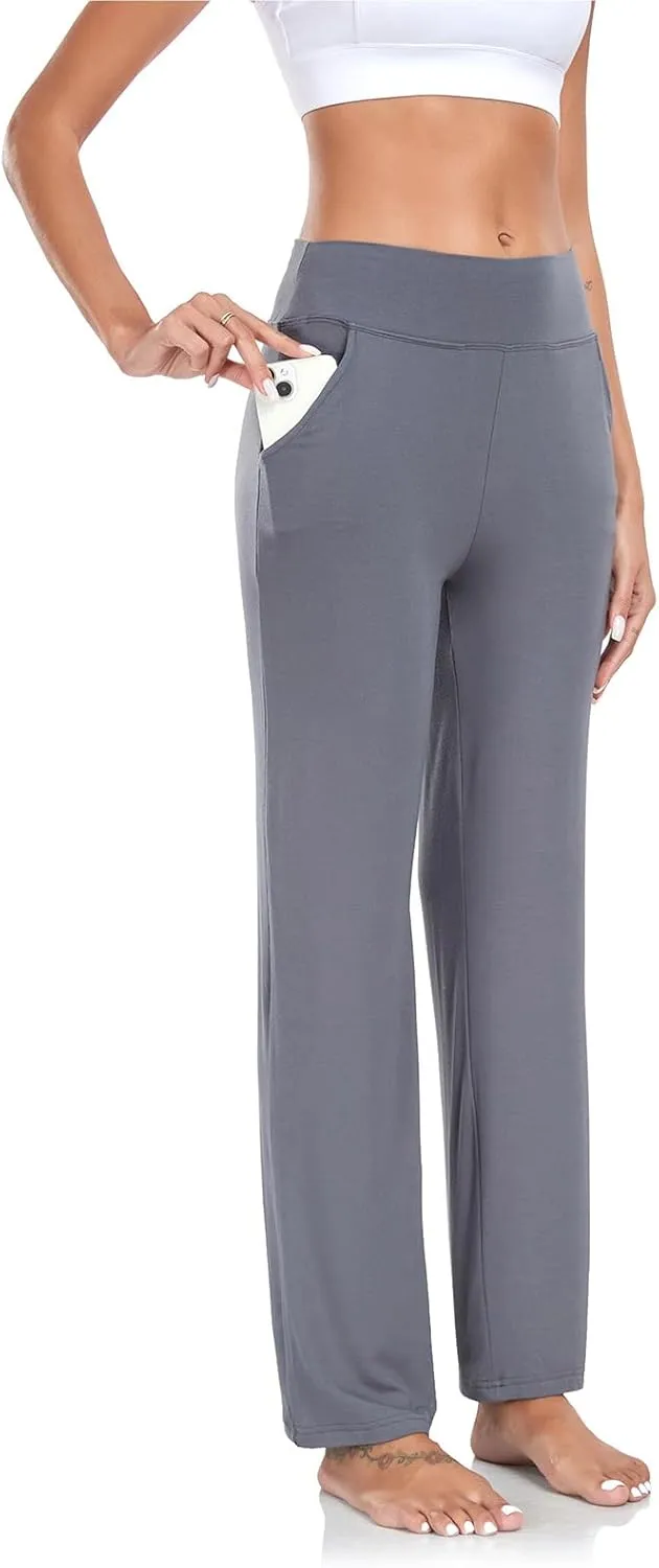 ADANIKI Womens Yoga Pants with Pockets, High Waisted Bootcut Straight-Leg Pants for Women, Loose Comfy Modal Sweatpants