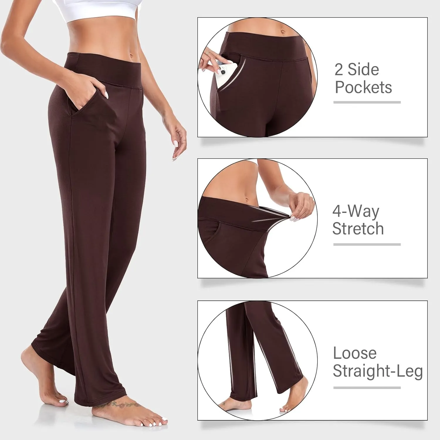 ADANIKI Womens Yoga Pants with Pockets, High Waisted Bootcut Straight-Leg Pants for Women, Loose Comfy Modal Sweatpants