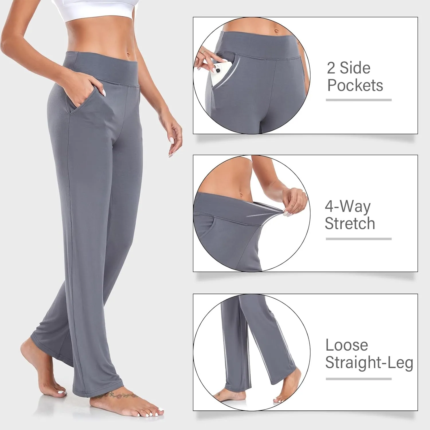 ADANIKI Womens Yoga Pants with Pockets, High Waisted Bootcut Straight-Leg Pants for Women, Loose Comfy Modal Sweatpants
