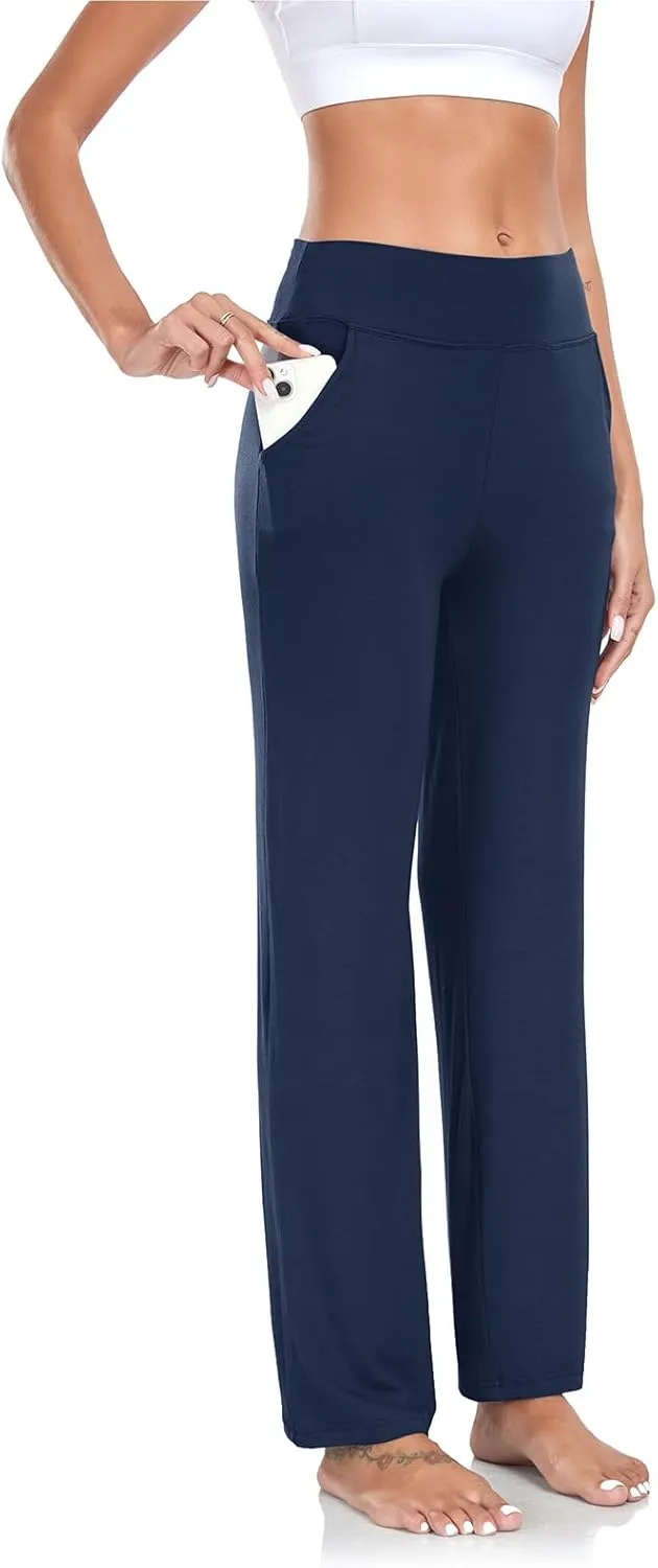 ADANIKI Womens Yoga Pants with Pockets, High Waisted Bootcut Straight-Leg Pants for Women, Loose Comfy Modal Sweatpants