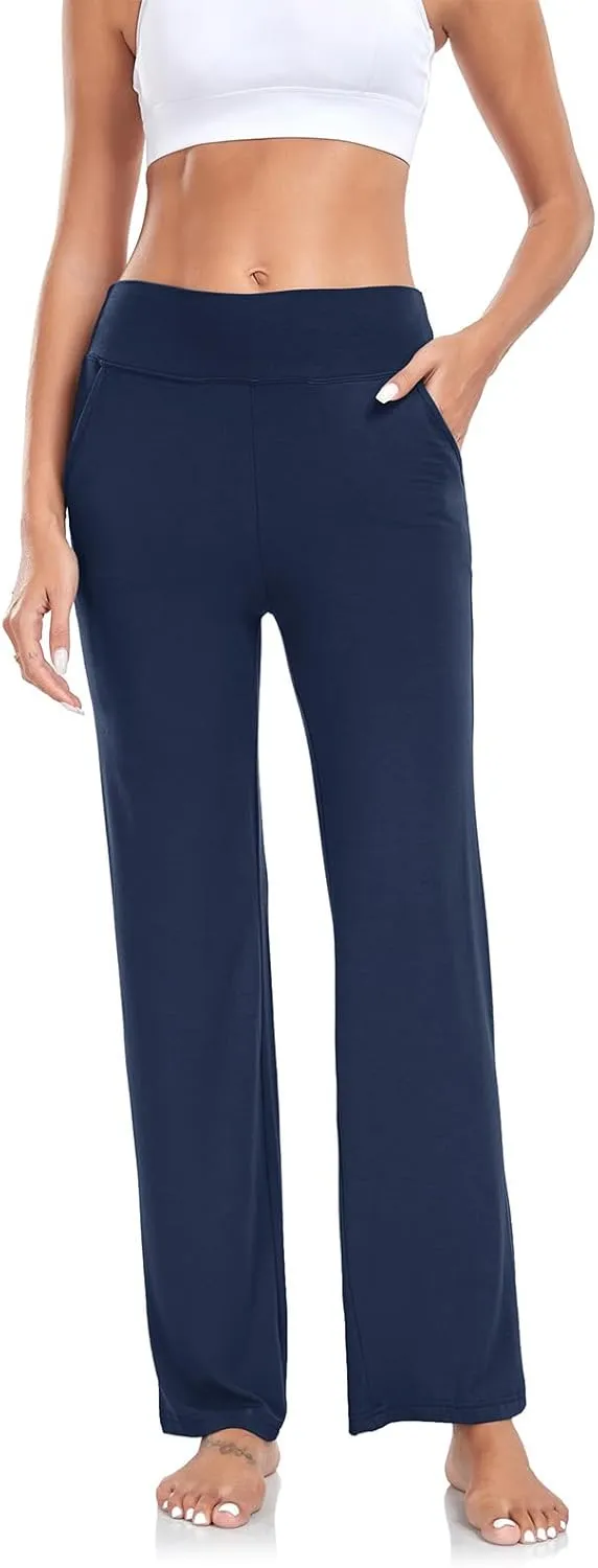 ADANIKI Womens Yoga Pants with Pockets, High Waisted Bootcut Straight-Leg Pants for Women, Loose Comfy Modal Sweatpants