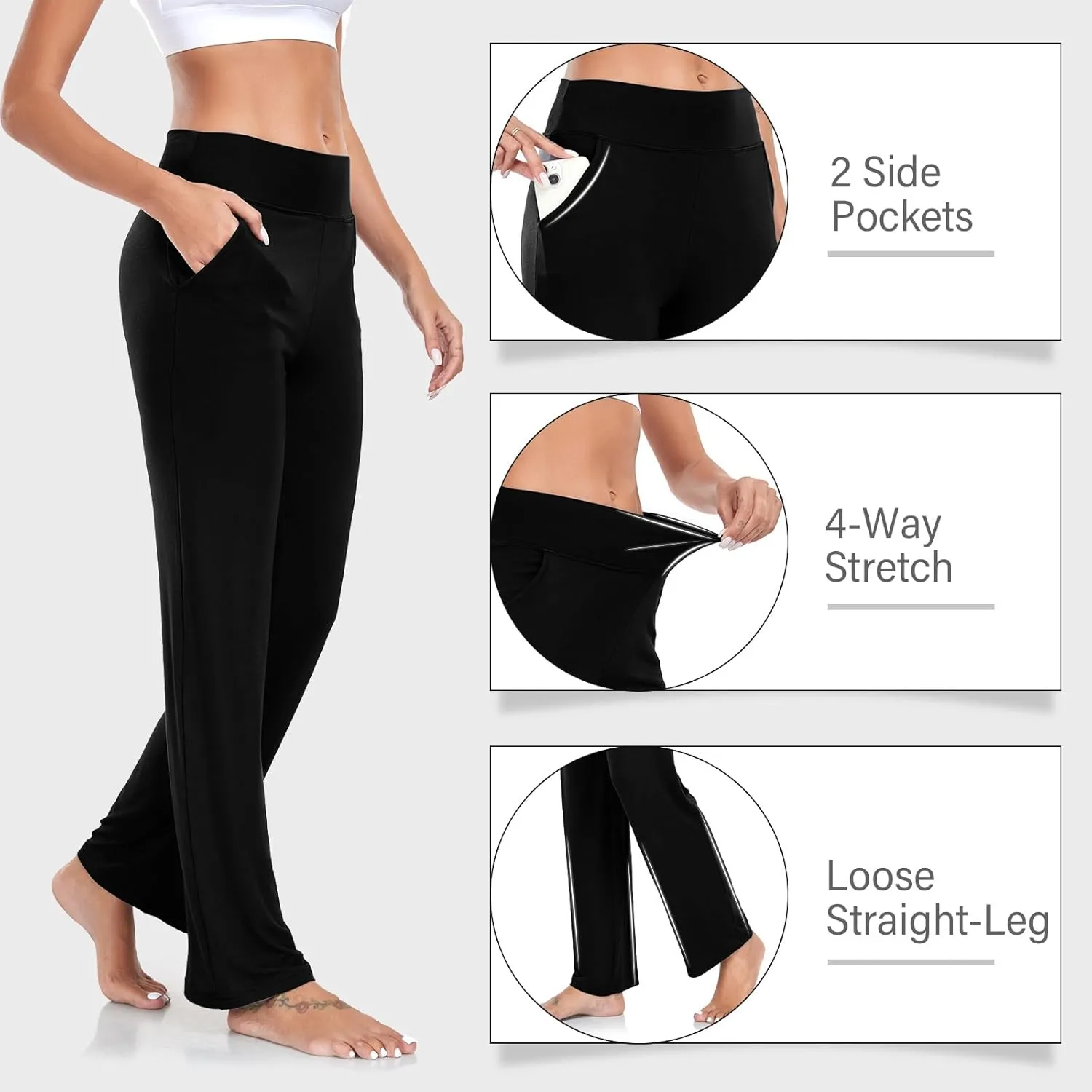 ADANIKI Womens Yoga Pants with Pockets, High Waisted Bootcut Straight-Leg Pants for Women, Loose Comfy Modal Sweatpants